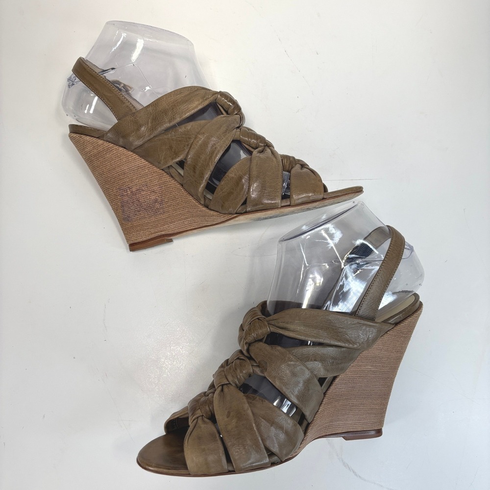 Alexandre Birman Taupe Distressed Knotted Leather Slingback Wedge Sandals Size 8 - Picture 7 of 10